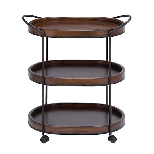 3-Tier Brown Pine & Metal Traditional Bar Cart